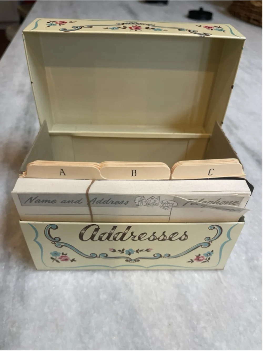 Vintage Stylecraft Floral Metal Address Card File Box w/ Cards Mid Century Decor